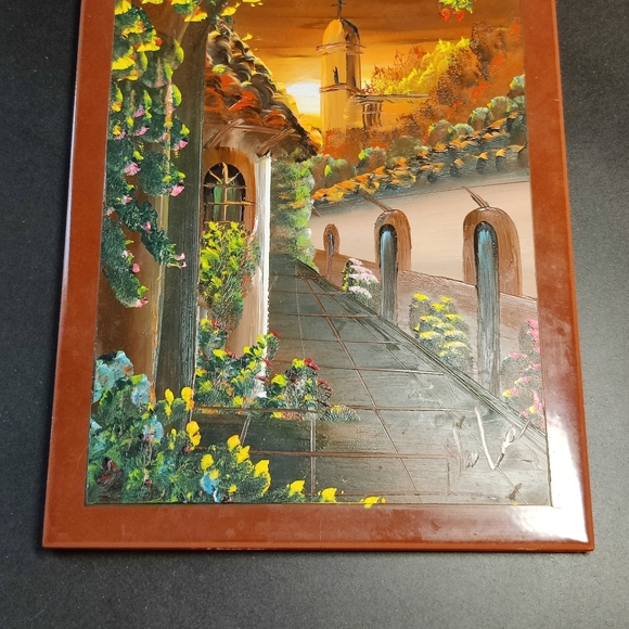 Vibrant Courtyard Sunset Landscape Painted Tile - Picture 3 of 6